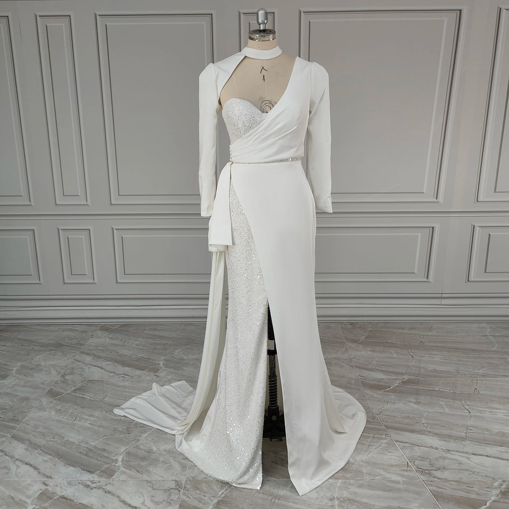 Real Photos Sexy Beading High Side Slit  Satin Wedding Dress Bridal Gown for Women With Detachable Sleeves