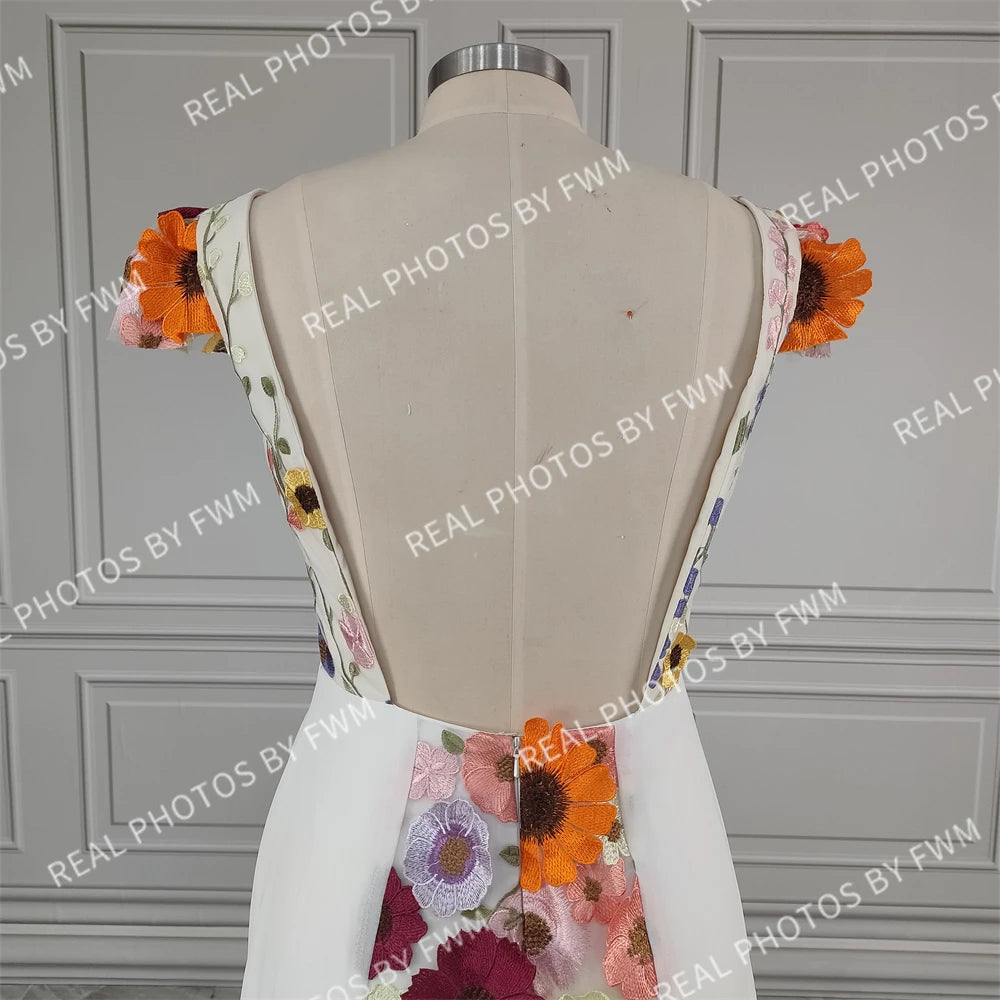 10808# Real Photos Pastrol Cap Sleeves V-Neck Floral Appliques A-line Chiffon Wedding Dress for Women Backless Bridal Gown