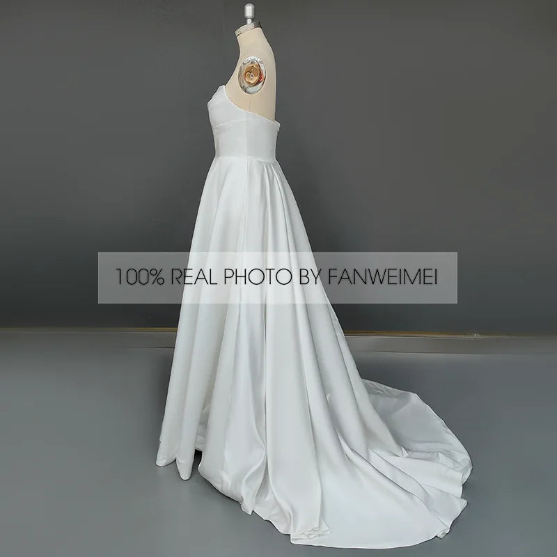Real Photos Gorgeous Strapless Sleeveless A-Line Simple Sweep Train Satin Wedding Dress Side Slit Bridal Gown for Women