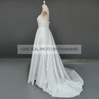 Real Photos Gorgeous Strapless Sleeveless A-Line Simple Sweep Train Satin Wedding Dress Side Slit Bridal Gown for Women