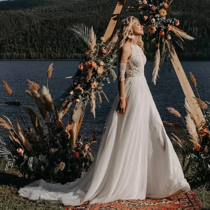 10743# Real Photos Boho Detachable Sleeves Appliques Lace Tassels A-line Wedding Dress Illusion Back Tulle Bride Gown for Women