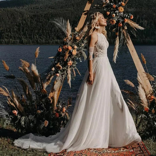 10743# Real Photos Boho Detachable Sleeves Appliques Lace Tassels A-line Wedding Dress Illusion Back Tulle Bride Gown for Women