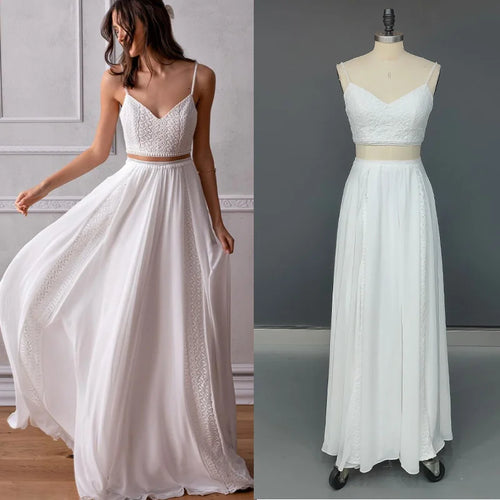 10436#Real Photos Spaghetti Straps Sleeveless Sexy V-Neck Open Back Chiffon Floor Length Wedding Dress Wedding Bridal Gown
