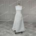 13495# Real Photos Sleeveless Boat Neck Backless A-line Wedding Dress Sweep Train Satin Beading Bride Gown for Women