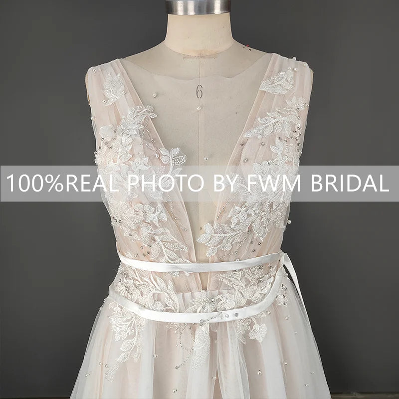 8416# Real Photos Modern Appliques Lace With Pearls Straps Sweep Train Wedding Dress Backless Bridal Gown