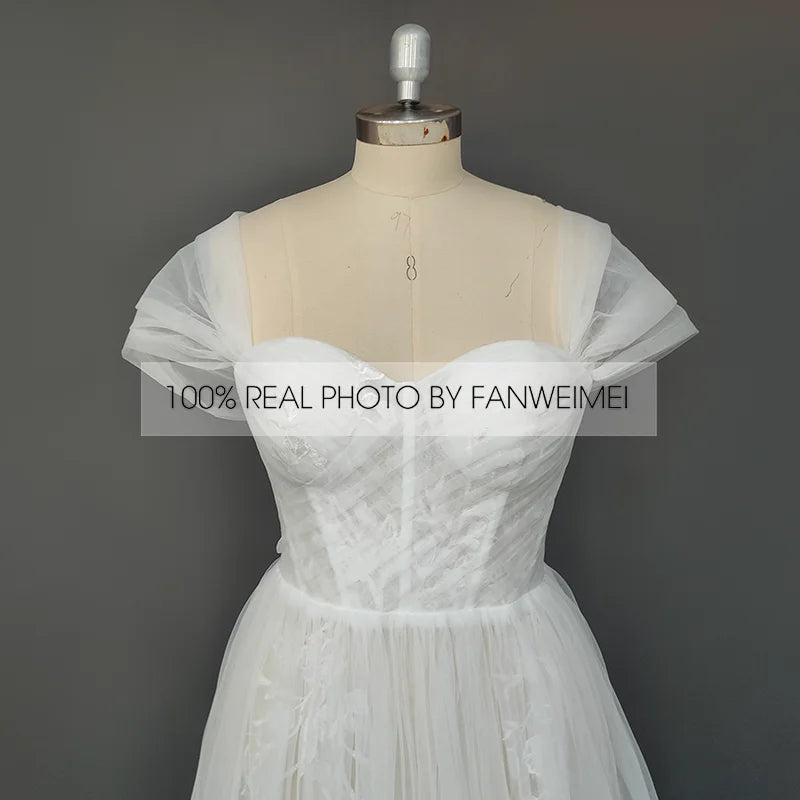 11395#Real Photos Off-Shoulder Sweetheart Open Corset Back A-Line Tulle Floor Length Lace Wedding Dress Wedding Bridal Gown