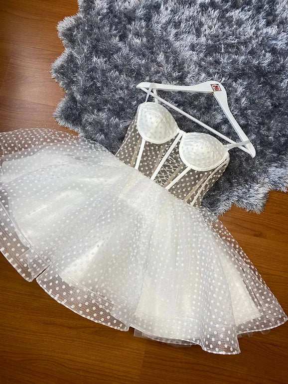 15311#Real Photos High Quality Spaghetti Straps Polka Dots Tulle Mini A-line Evening Party Dresses Homecoming Gown for Women