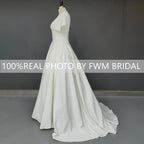 #3115 Real Photos Vintage French Style Soft Satin Wedding Bridal Dress Simple V Neck Short Sleeves Buttons Hepburn Bridal Gown