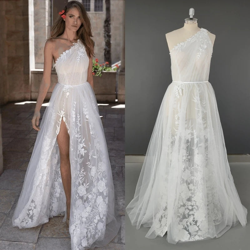 11809# One Shoulder Sleeveless Tulle Lace Applique Sexy Back A-Line Bohemian Sweep Train Wedding Dress Bridal Gown Real Photos