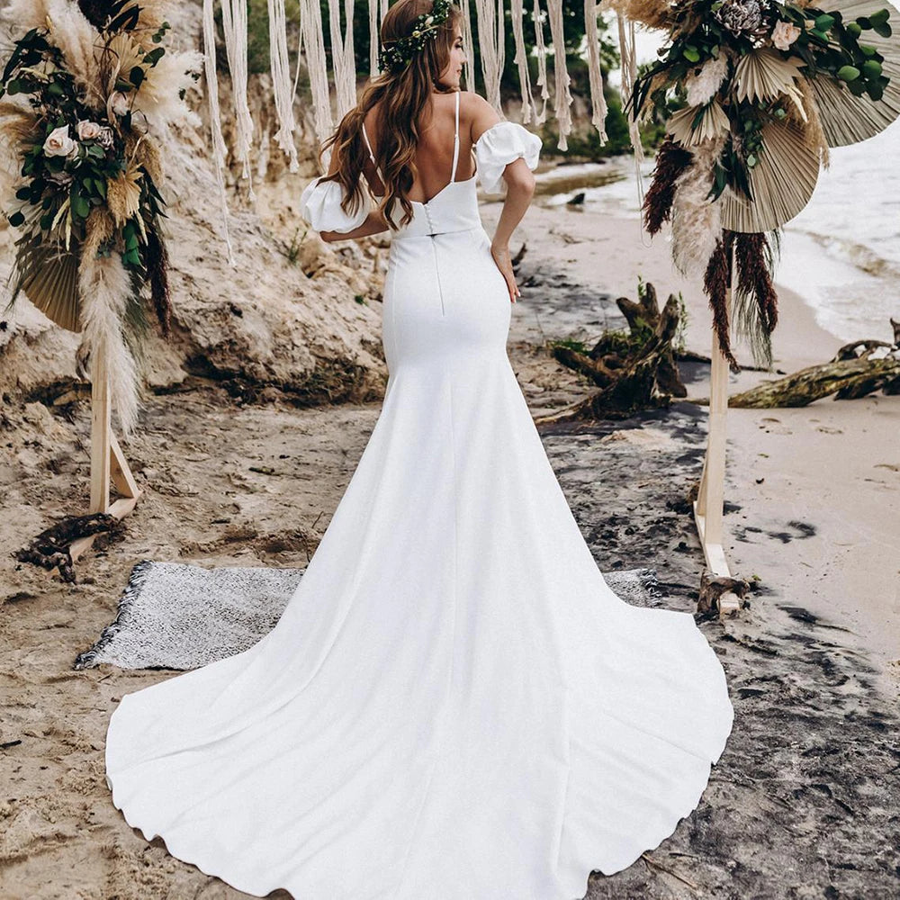 10571#Real PhotosTwo Piece Lantern Sleeve Sexy V-Neck Open Back Sheath High Slit Sweep Train Wedding Dress Wedding Bridal Gown