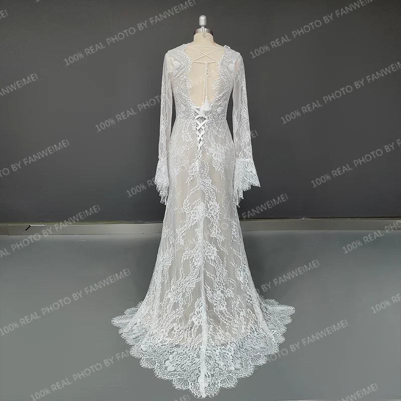 Real Photos Boho Long Sleeves V-Neck Appliques Lace Wedding Dress for Woman Backless Sweep Train Bridal Gown for Wedding