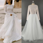 11617#Real Photos A-Line Lace O-Neck Sweep Train Bohemian Long Sleeve Illusion Open Back Wedding Dress Wedding Gown Bridal Gown