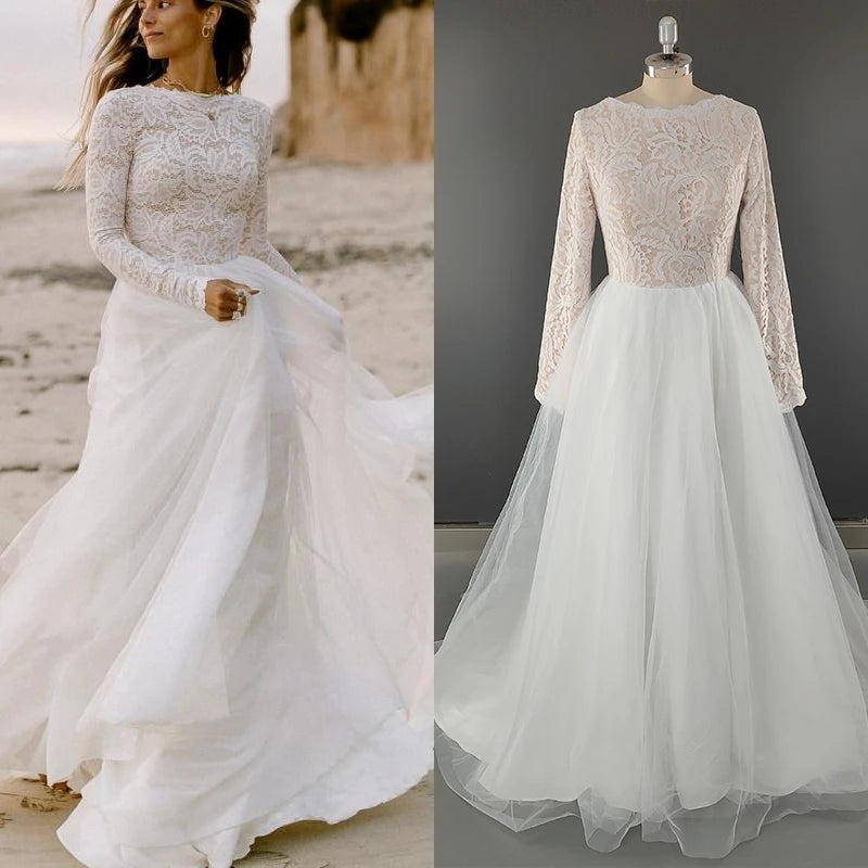 11617#Real Photos A-Line Lace O-Neck Sweep Train Bohemian Long Sleeve Illusion Open Back Wedding Dress Wedding Gown Bridal Gown