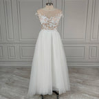Real Photos High Quality Boat Neck Cap Sleeve Split Appliques Lace Wedding Dress Elegant Tulle A-line Bridal Gown for Women