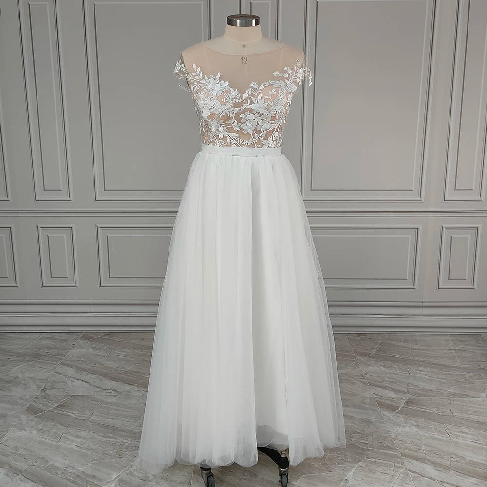 Real Photos High Quality Boat Neck Cap Sleeve Split Appliques Lace Wedding Dress Elegant Tulle A-line Bridal Gown for Women