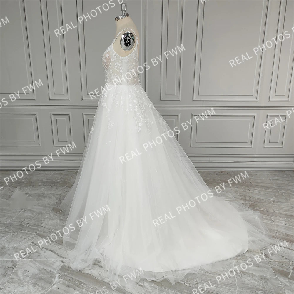 Real Photos High Quality Spaghetti Straps Low Back A-line Wedding Dress for Women Flowers Sequined Lace Bridal Gown