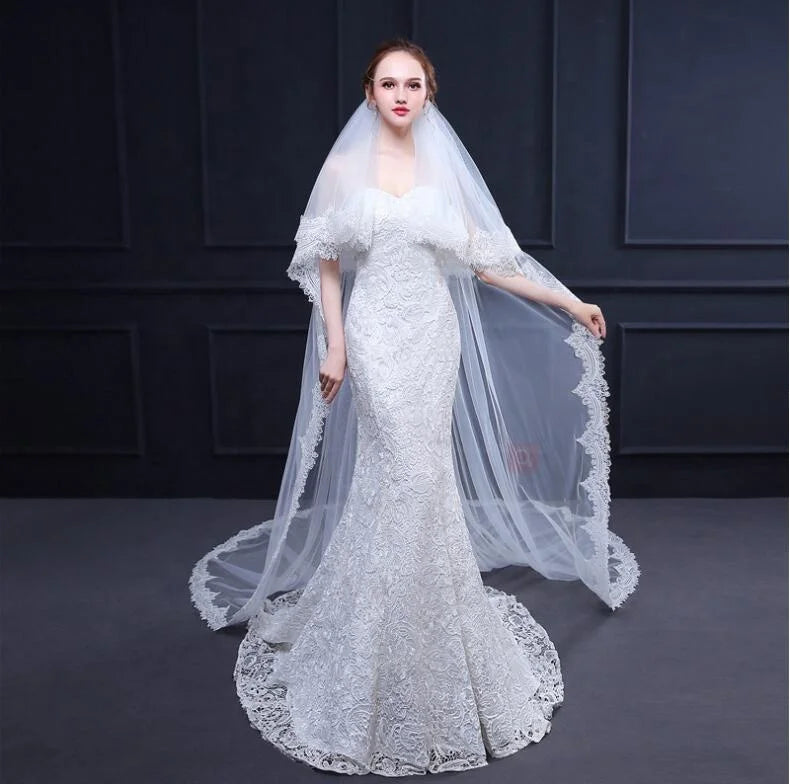 Two Layers Tulle Elegant Pretty Wholesale White Long Wedding Top Veil With Comb