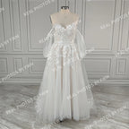Real Photos Dream Off Shoulder Appliques Sequined Lace A-line Wedding Dress Glittery Tulle Sweep Train Bride Gown for Women