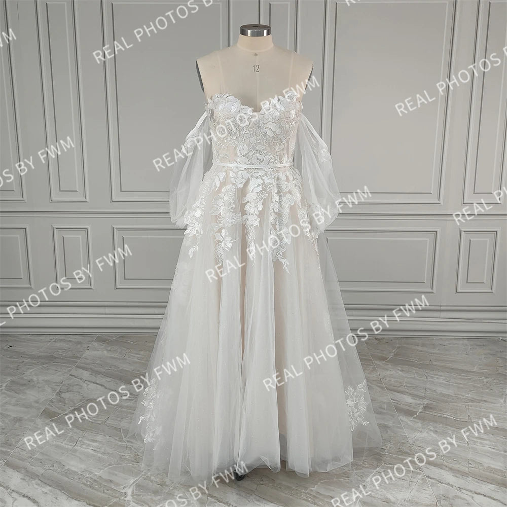 Real Photos Dream Off Shoulder Appliques Sequined Lace A-line Wedding Dress Glittery Tulle Sweep Train Bride Gown for Women