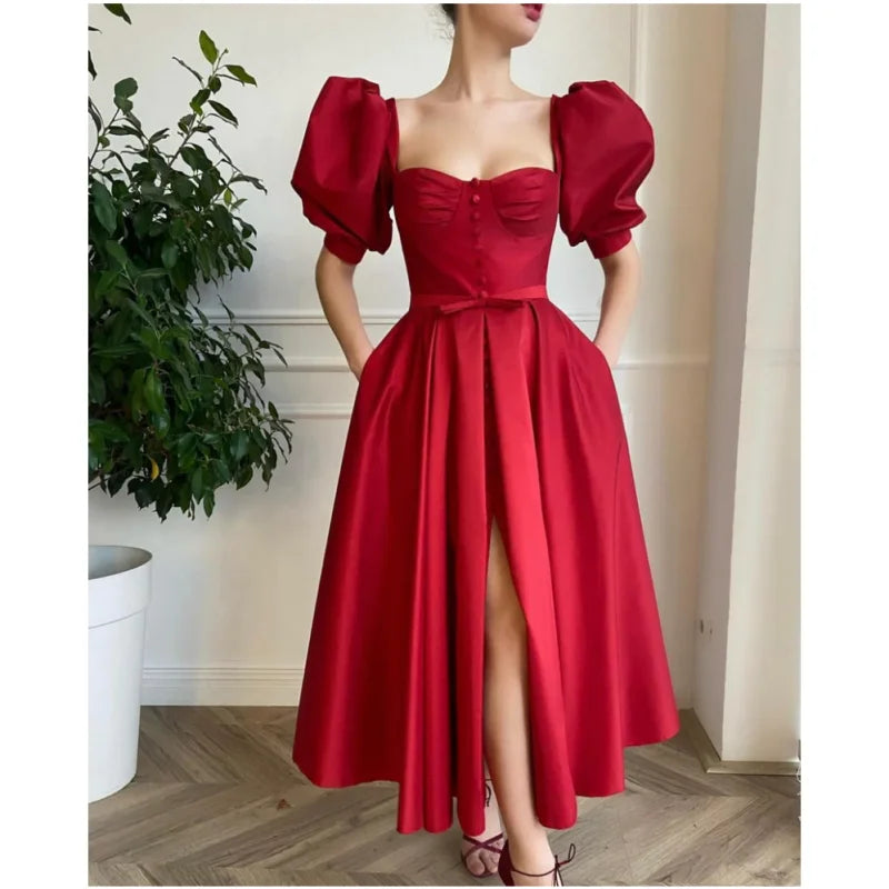 15178# Real Photos Puffy Sleeves Slit A-line Satin Wedding Party Dress Evening Prom Gown for Women  Evening Dress Formal Dress