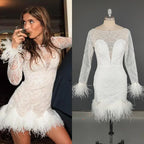 8990#Real Photos Exquisite Illusion Lace Backless Boat-neck Short Wedding Evening Dress Elegant Feather Long Sleeve Bridal Gown
