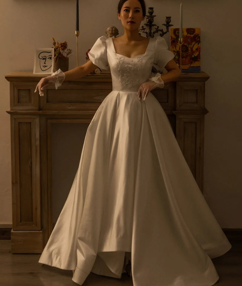 FANWEIMEI#3090 Vintage Beading Princess Satin Simple Bridal Gown Ball Gown Women Wedding Pary Dress Factory Price REAL PHOTO