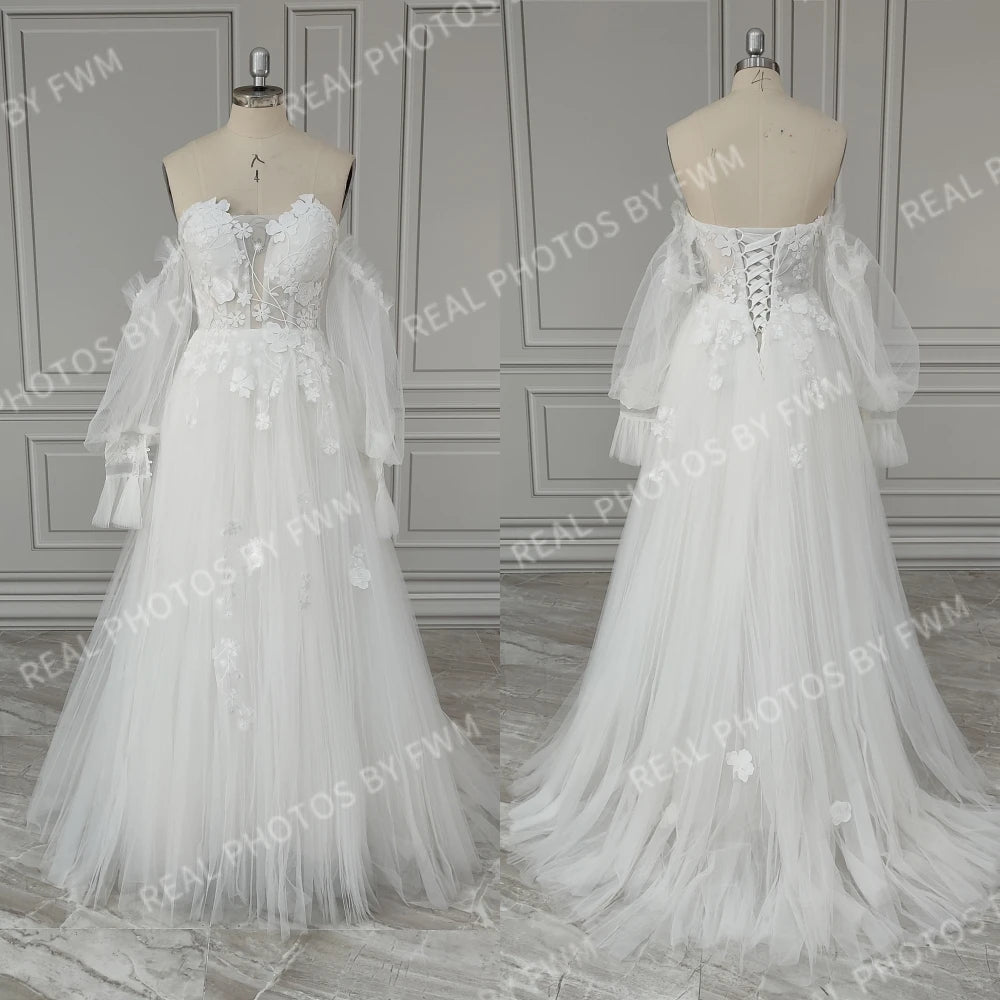 #2220 Real Photos Boho Detachable Puffy Sleeves Appliques Lace Strapless Wedding Dress for Women Pleated Tulle  Bridal Gown