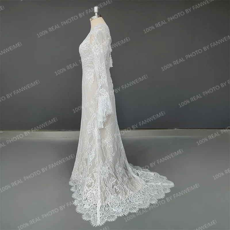 Real Photos Boho Long Sleeves V-Neck Appliques Lace Wedding Dress for Woman Backless Sweep Train Bridal Gown for Wedding