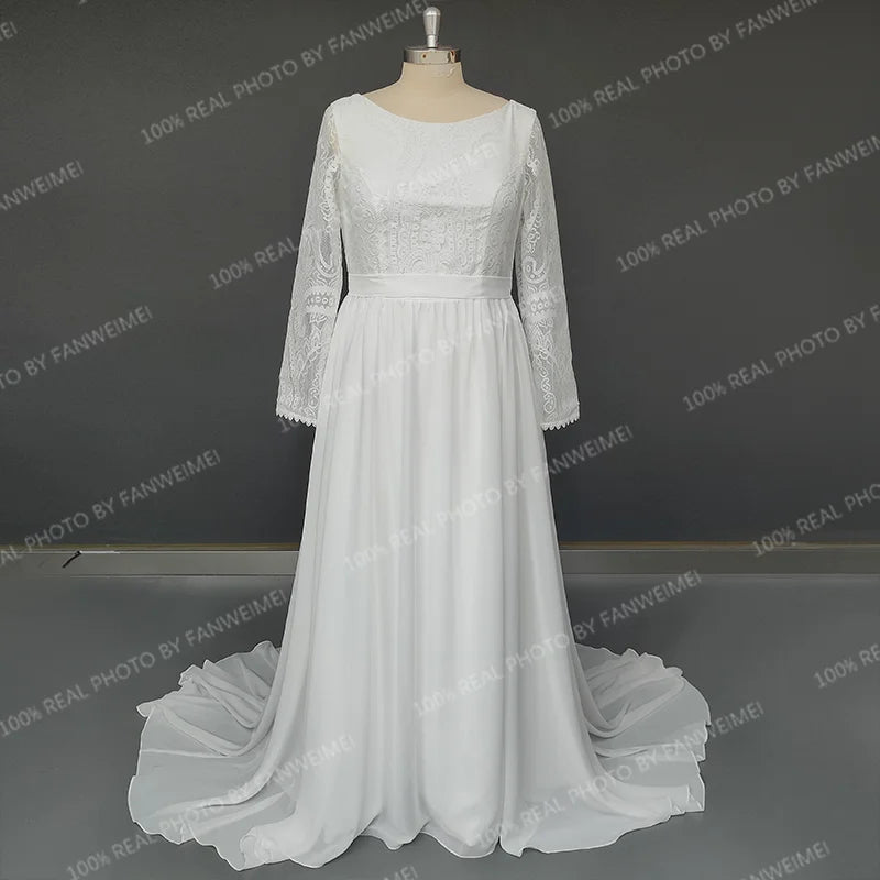 100% Real Photos Bohemian Chiffon Wedding Dresses Boat Neck Long Sleeve Lace Wedding Bridal Gowns for Plus Size Women