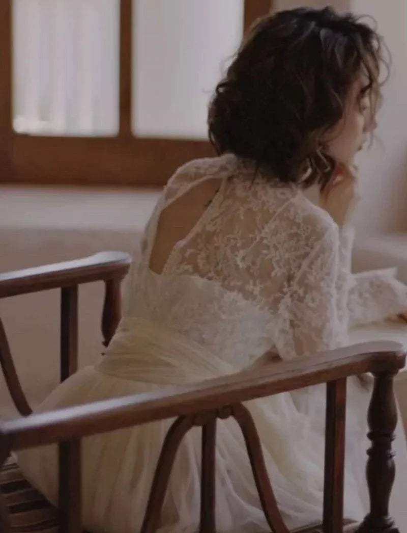 #3147 100% Real Photos A-Line Vintage Special Design Long  Sleeve Lace Soft Light Champagne Open Back Bridal Gown Wedding Dress