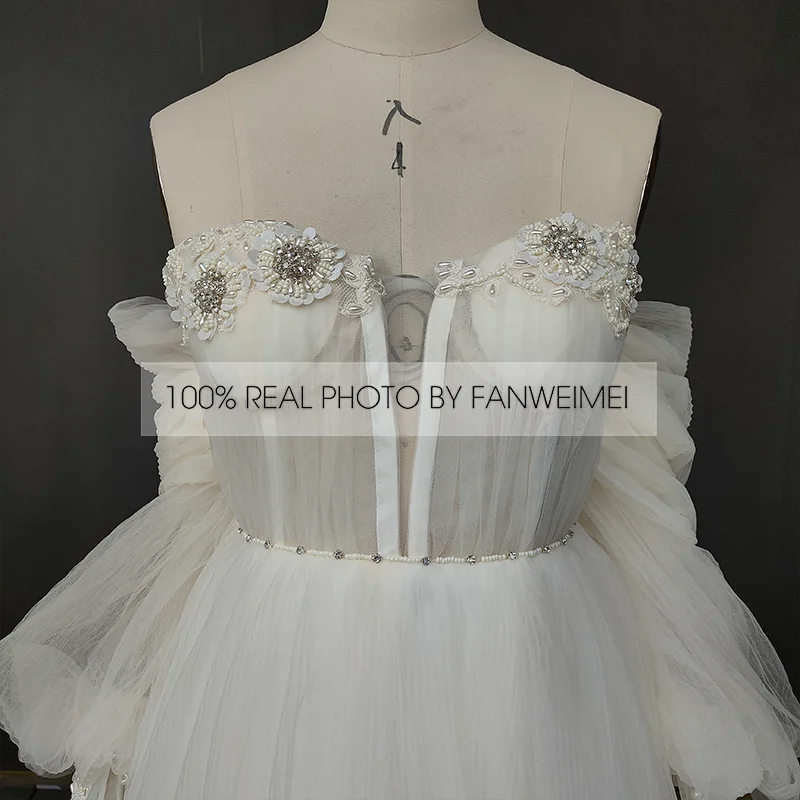 Real Photos Puffy Sleeves Sweetheart Backless A-Line Beading Lace Wedding Dress Sweep Train Tulle Bridal Gown for Wedding
