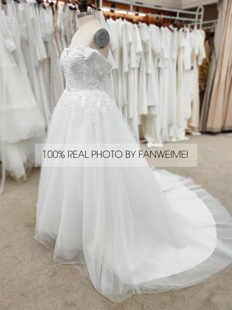 9177#Real Photos Strapless Off-Shoulder Sweetheart Short Sleeve Backless Lace Applique  Bride Gown Wedding Dress Elegant