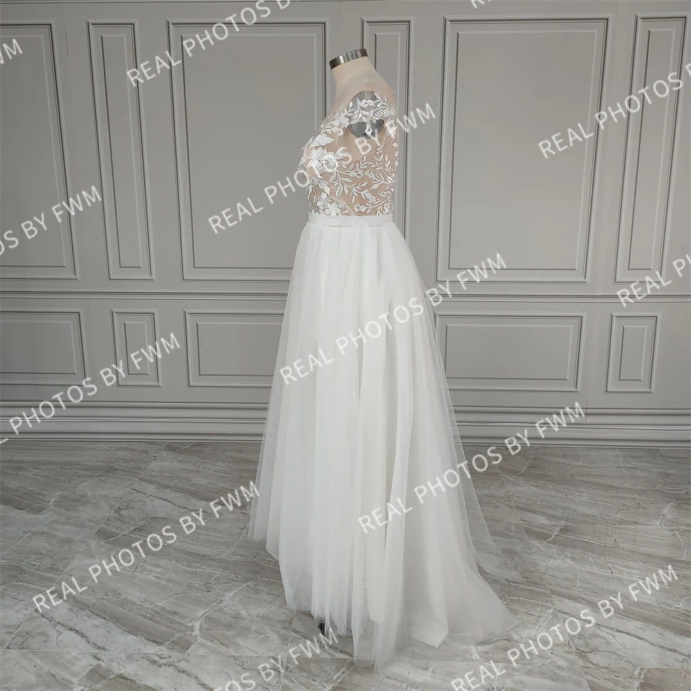 Real Photos High Quality Boat Neck Cap Sleeve Split Appliques Lace Wedding Dress Elegant Tulle A-line Bridal Gown for Women