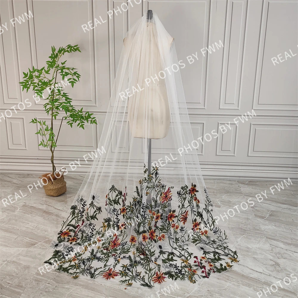 Real Photos High Quality One Layer Embroidered Flowers Lace Bridal Veil 200CM Long Wedding Veil Accessories for Wedding
