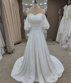#3150  Real Photos Special Design Sweetheart Puff  Sleeve Lace-up Satin Soft Ivory Strapless Bridal Gown Wedding Dress