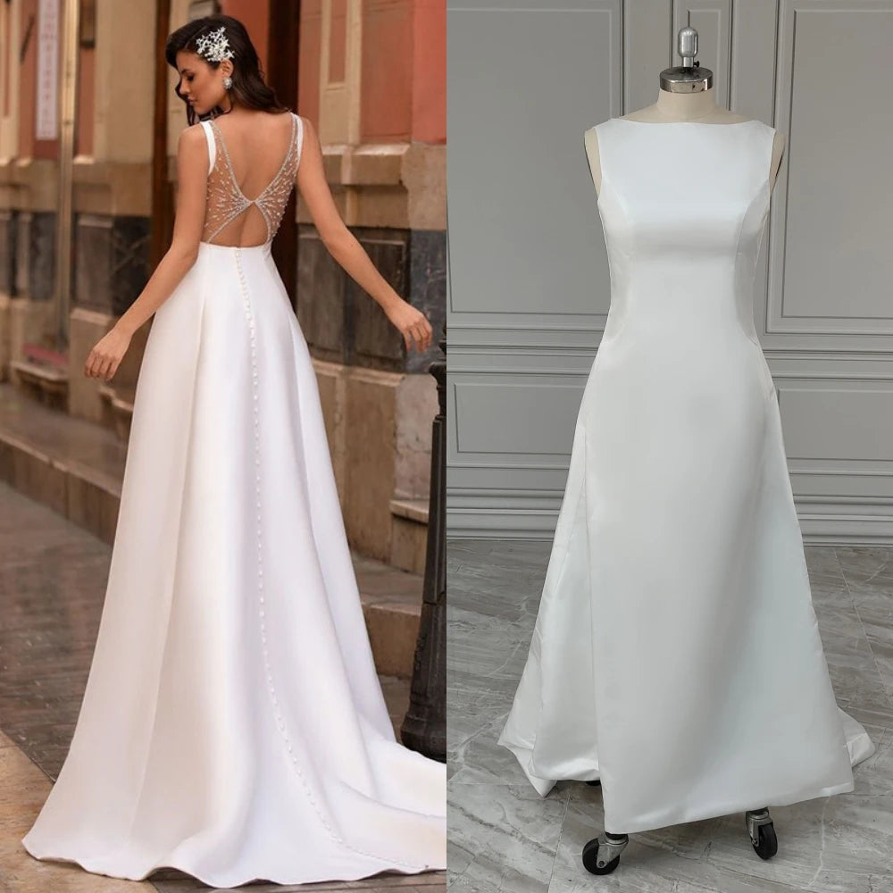 13495# Real Photos Sleeveless Boat Neck Backless A-line Wedding Dress Sweep Train Satin Beading Bride Gown for Women