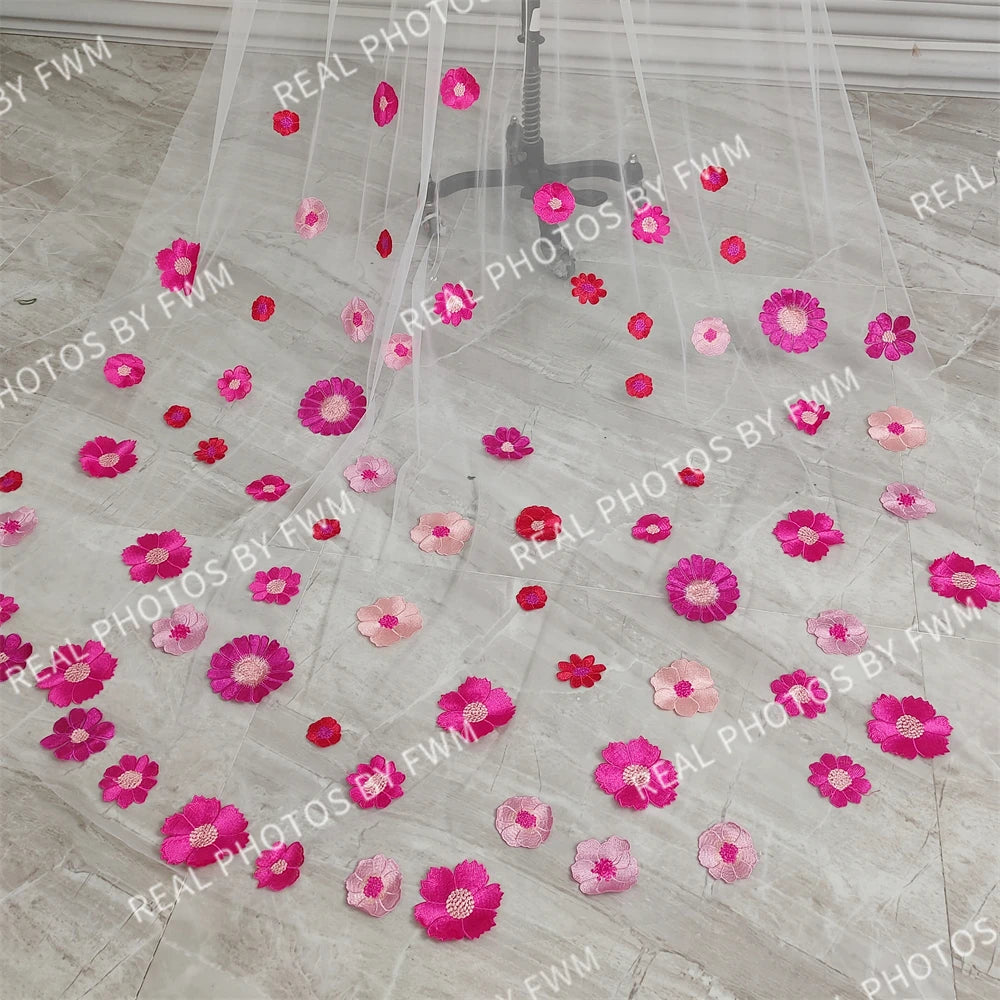 Real Photos High Quality One Layer Pink Appliques Flowers Lace Bridal Veil 220CM Long Wedding Veil Accessories for Wedding