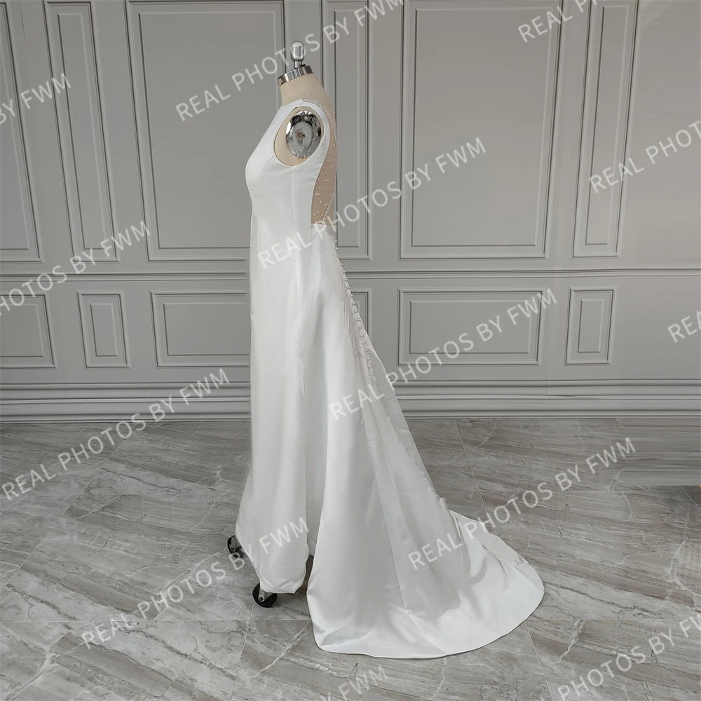 13495# Real Photos Sleeveless Boat Neck Backless A-line Wedding Dress Sweep Train Satin Beading Bride Gown for Women
