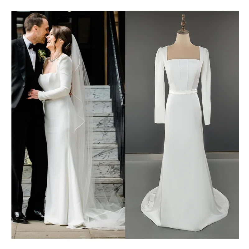 10965#   Real Photos Simple Long Sleeves Square Collar Satin Wedding Dress for Plus Size Women Sweep Train Custom Bridal Gown