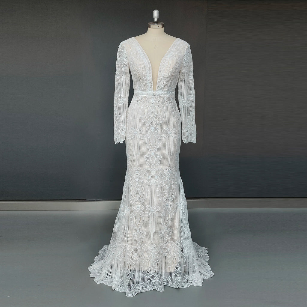 Real Photos Boho V-Neck Long Sleeve Mermaid Appliques Lace Wedding Dress Woman Backless Sweep Train Bridal Gown for Wedding