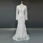 Real Photos Boho V-Neck Long Sleeve Mermaid Appliques Lace Wedding Dress Woman Backless Sweep Train Bridal Gown for Wedding