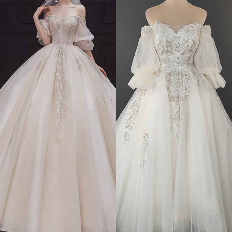 4300# Real Photos Off-Shoulder Elegant Sweetheart 3/4 Long Sleeve Lace Bridal Gowns Plus Size Wedding Gown Wedding Dress