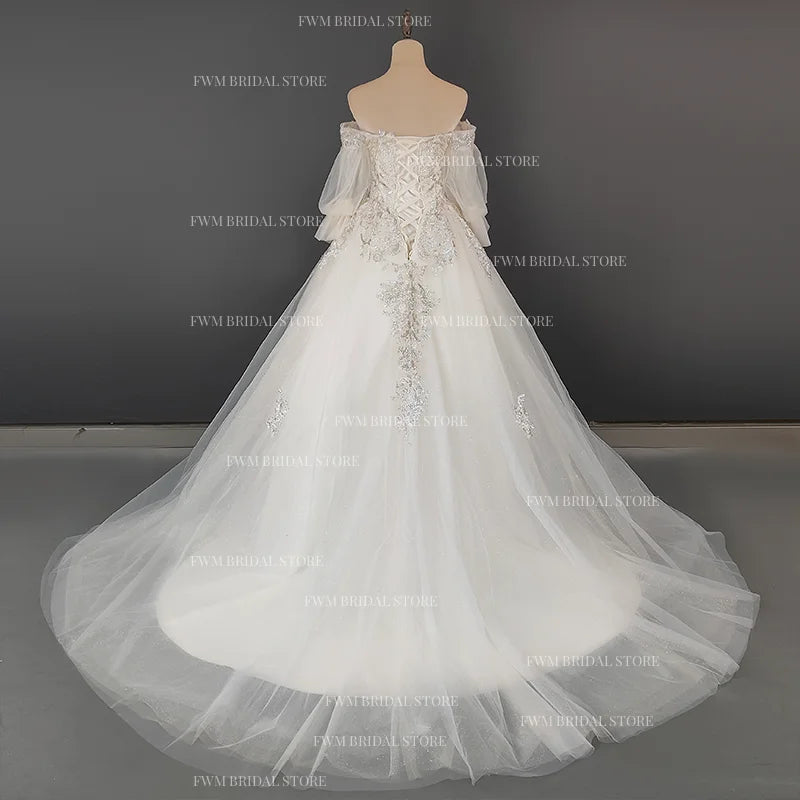 4300# Real Photos Off-Shoulder Elegant Sweetheart 3/4 Long Sleeve Lace Bridal Gowns Plus Size Wedding Gown Wedding Dress