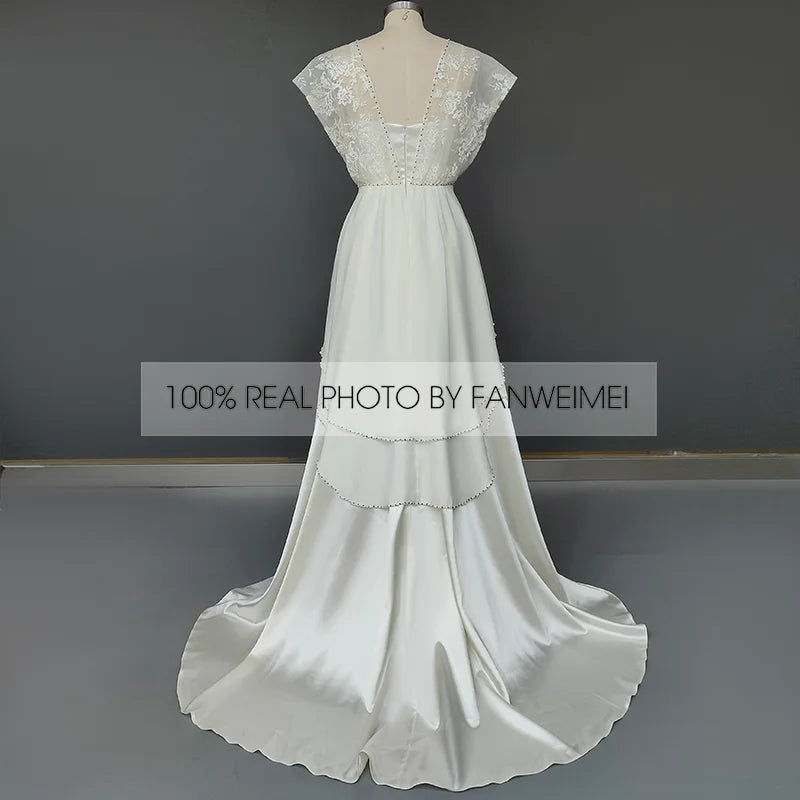 10033# Real Photos Vintage Sweep Train Beach Wedding Dress With Pearls Appliques Lace 1960s Bridal Gown Custom Wedding Gown