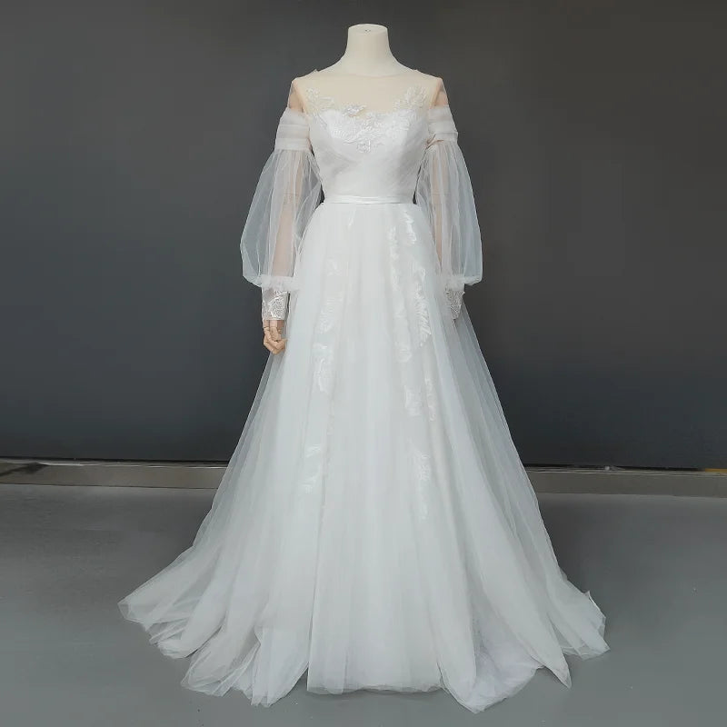 Real Photos Puffy Sleeve O-Neck Sweep Train Applique Lace A-Line Wedding Dress Woman Tulle Bridal Gown for Wedding Dress