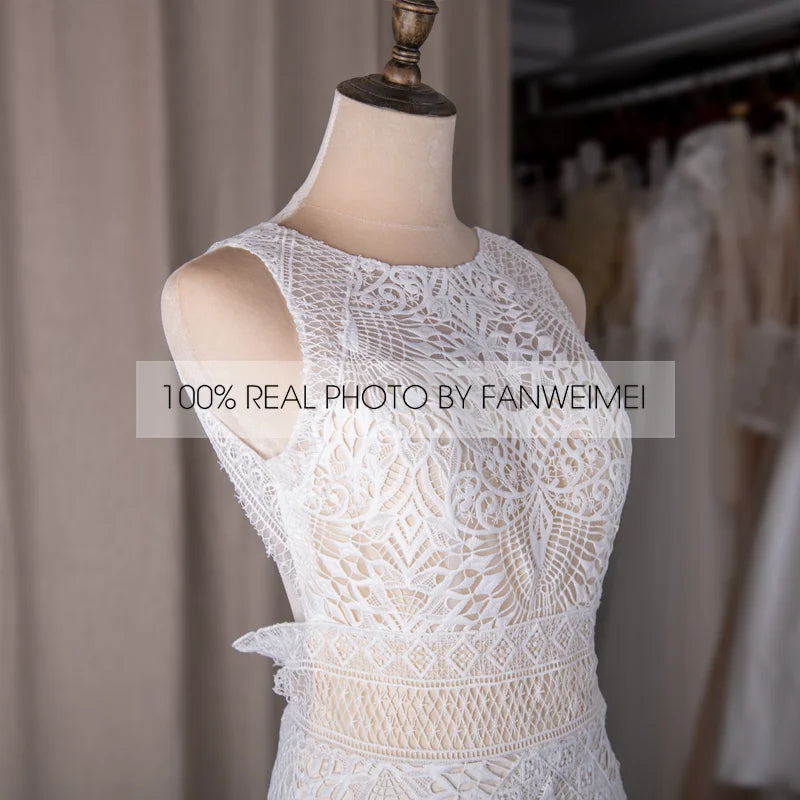 Real Photos Boho Sleeveless Appliques Lace Mermaid Wedding Dress for Woman Sweep Train Backless Bride Gown for Wedding