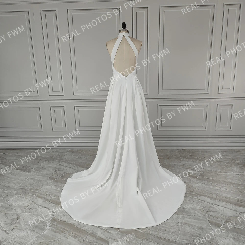 Real Photos Simple Halter Neck Backless A-line Wedding Dress Elegant High Low Satin Bride Gown for Women