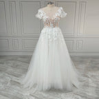 #8150 Real Photos Romantic 3D Flowers V-neck Sweep Train Backless A-line Lace Wedding Dress Bridal Gown for Women Custom Made