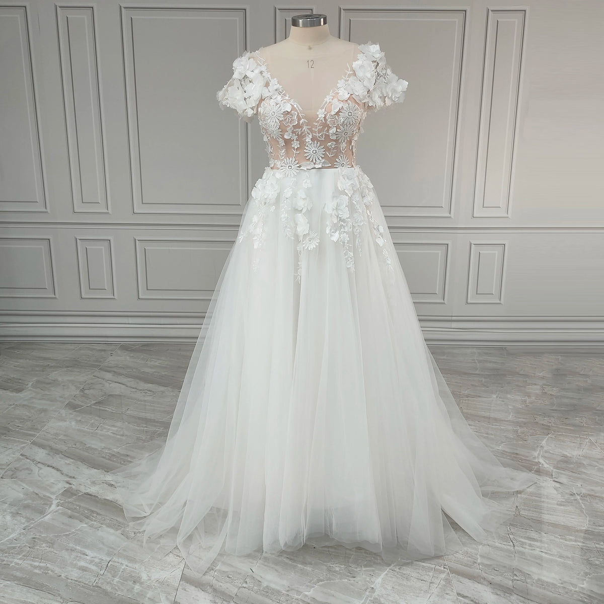 #8150 Real Photos Romantic 3D Flowers V-neck Sweep Train Backless A-line Lace Wedding Dress Bridal Gown for Women Custom Made