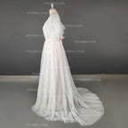 11676# Real Photos Short Sleeve Tulle Lace Sweep Train Dot Mesh Open Back Bohemian Beach Wedding Dress Wedding Gown Bridal Gown